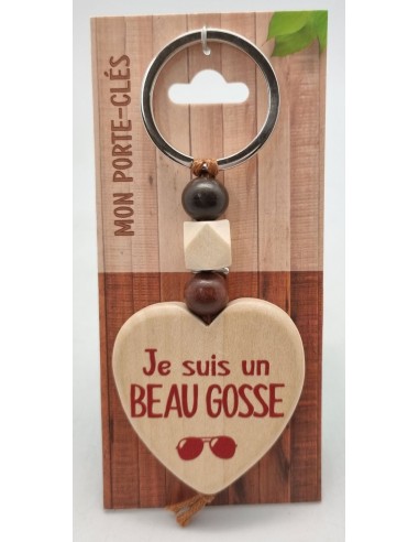 Porte-clés coeur bois "J'suis un Beau...