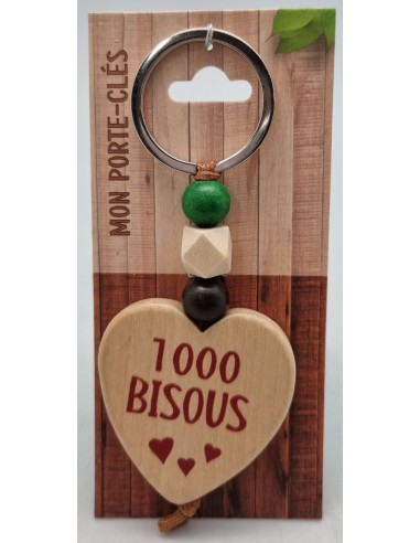 Porte-clés coeur bois "1000 Bisous"